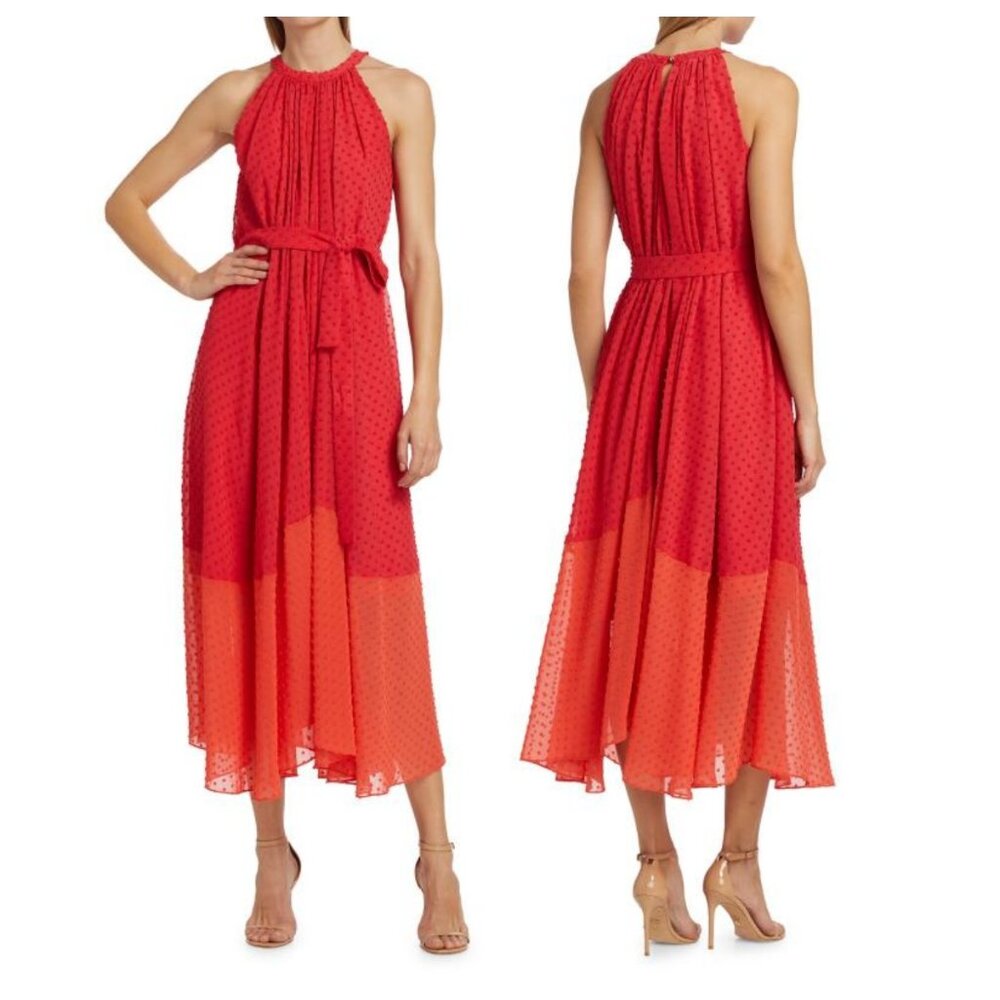 Elie Tahari Jeanne Colorblocked Tie-Waist Swiss-dot Midi-Dress